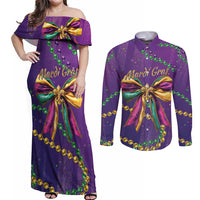 Mardi Gras Couples Matching Off Shoulder Maxi Dress and Long Sleeve Button Shirt Coquette Bow Glitter Motifs LT7 - Wonder Print Shop