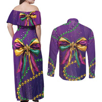 Mardi Gras Couples Matching Off Shoulder Maxi Dress and Long Sleeve Button Shirt Coquette Bow Glitter Motifs LT7 - Wonder Print Shop