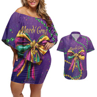 Mardi Gras Couples Matching Off Shoulder Short Dress and Hawaiian Shirt Coquette Bow Glitter Motifs LT7 - Wonder Print Shop