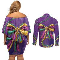 Mardi Gras Couples Matching Off Shoulder Short Dress and Long Sleeve Button Shirt Coquette Bow Glitter Motifs LT7 - Wonder Print Shop