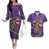 Mardi Gras Couples Matching Off The Shoulder Long Sleeve Dress and Hawaiian Shirt Coquette Bow Glitter Motifs LT7 - Wonder Print Shop