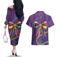Mardi Gras Couples Matching Off The Shoulder Long Sleeve Dress and Hawaiian Shirt Coquette Bow Glitter Motifs LT7 - Wonder Print Shop