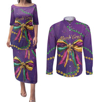 Mardi Gras Couples Matching Puletasi and Long Sleeve Button Shirt Coquette Bow Glitter Motifs LT7 - Wonder Print Shop
