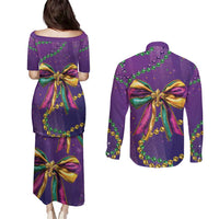 Mardi Gras Couples Matching Puletasi and Long Sleeve Button Shirt Coquette Bow Glitter Motifs LT7 - Wonder Print Shop