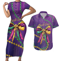 Mardi Gras Couples Matching Short Sleeve Bodycon Dress and Hawaiian Shirt Coquette Bow Glitter Motifs LT7 - Wonder Print Shop