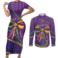 Mardi Gras Couples Matching Short Sleeve Bodycon Dress and Long Sleeve Button Shirt Coquette Bow Glitter Motifs LT7 - Wonder Print Shop