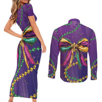 Mardi Gras Couples Matching Short Sleeve Bodycon Dress and Long Sleeve Button Shirt Coquette Bow Glitter Motifs LT7 - Wonder Print Shop