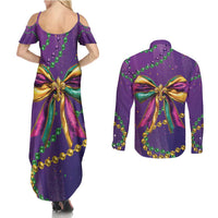 Mardi Gras Couples Matching Summer Maxi Dress and Long Sleeve Button Shirt Coquette Bow Glitter Motifs LT7 - Wonder Print Shop