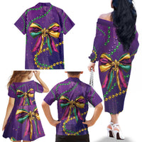 Mardi Gras Family Matching Off The Shoulder Long Sleeve Dress and Hawaiian Shirt Coquette Bow Glitter Motifs - Wonder Print Shop