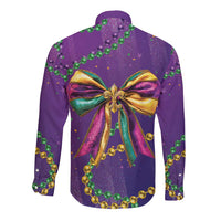 Mardi Gras Long Sleeve Button Shirt Coquette Bow Glitter Motifs - Wonder Print Shop