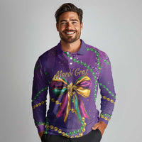 Mardi Gras Long Sleeve Polo Shirt Coquette Bow Glitter Motifs - Wonder Print Shop