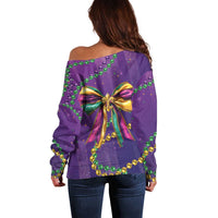 Mardi Gras Off Shoulder Sweater Coquette Bow Glitter Motifs - Wonder Print Shop