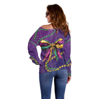 Mardi Gras Off Shoulder Sweater Coquette Bow Glitter Motifs - Wonder Print Shop