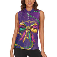 Mardi Gras Women Sleeveless Polo Shirt Coquette Bow Glitter Motifs - Wonder Print Shop