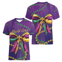 Mardi Gras Women V-Neck T-Shirt Coquette Bow Glitter Motifs - Wonder Print Shop