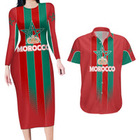 Custom Morocco Football Couples Matching Long Sleeve Bodycon Dress and Hawaiian Shirt Nations Cup 2024 Atlas Lions LT7 - Wonder Print Shop