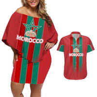 Custom Morocco Football Couples Matching Off Shoulder Short Dress and Hawaiian Shirt Nations Cup 2024 Atlas Lions LT7 - Wonder Print Shop
