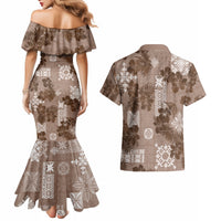 Vintage Hawaii Couples Matching Mermaid Dress and Hawaiian Shirt Hibiscus Mix Hawaiian Quilt Patches - Brown LT7 - Wonder Print Shop