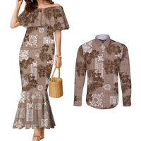 vintage-hawaii-couples-matching-mermaid-dress-and-long-sleeve-button-shirt-hibiscus-mix-hawaiian-quilt-patches-brown