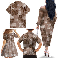 Vintage Hawaii Family Matching Off Shoulder Long Sleeve Dress and Hawaiian Shirt Hibiscus Mix Hawaiian Quilt Patches - Brown - Wonder Print Shop