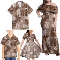 Vintage Hawaii Family Matching Off Shoulder Maxi Dress and Hawaiian Shirt Hibiscus Mix Hawaiian Quilt Patches - Brown LT7 - Wonder Print Shop