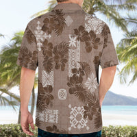 Brown Hawaiian shirt with white floral print, back view, short sleeves.
