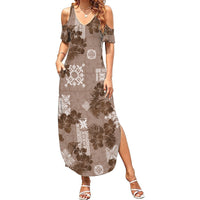 Vintage Hawaii Summer Maxi Dress Hibiscus Mix Hawaiian Quilt Patches - Brown - Wonder Print Shop