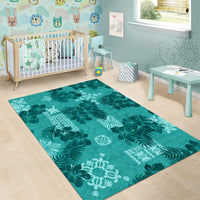 Vintage Hawaii Area Rug Hibiscus Mix Hawaiian Quilt Patches - Teal LT7 - Wonder Print Shop