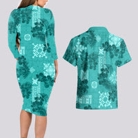 Vintage Hawaii Couples Matching Long Sleeve Bodycon Dress and Hawaiian Shirt Hibiscus Mix Hawaiian Quilt Patches - Teal LT7 - Wonder Print Shop