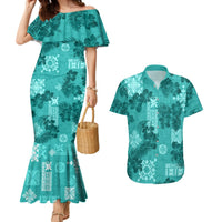 Vintage Hawaii Couples Matching Mermaid Dress and Hawaiian Shirt Hibiscus Mix Hawaiian Quilt Patches - Teal LT7 - Wonder Print Shop