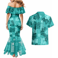 Vintage Hawaii Couples Matching Mermaid Dress and Hawaiian Shirt Hibiscus Mix Hawaiian Quilt Patches - Teal LT7 - Wonder Print Shop