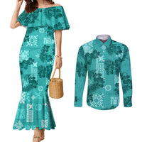 vintage-hawaii-couples-matching-mermaid-dress-and-long-sleeve-button-shirt-hibiscus-mix-hawaiian-quilt-patches-teal