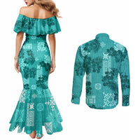 vintage-hawaii-couples-matching-mermaid-dress-and-long-sleeve-button-shirt-hibiscus-mix-hawaiian-quilt-patches-teal