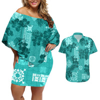 Vintage Hawaii Couples Matching Off Shoulder Short Dress and Hawaiian Shirt Hibiscus Mix Hawaiian Quilt Patches - Teal LT7 - Wonder Print Shop