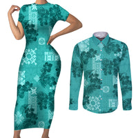 Vintage Hawaii Couples Matching Short Sleeve Bodycon Dress and Long Sleeve Button Shirt Hibiscus Mix Hawaiian Quilt Patches - Teal LT7 - Wonder Print Shop