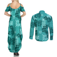 Vintage Hawaii Couples Matching Summer Maxi Dress and Long Sleeve Button Shirt Hibiscus Mix Hawaiian Quilt Patches - Teal LT7 - Wonder Print Shop