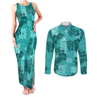 Vintage Hawaii Couples Matching Tank Maxi Dress and Long Sleeve Button Shirt Hibiscus Mix Hawaiian Quilt Patches - Teal LT7 - Wonder Print Shop