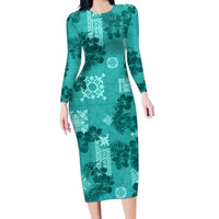 Vintage Hawaii Family Matching Long Sleeve Bodycon Dress and Hawaiian Shirt Hibiscus Mix Hawaiian Quilt Patches - Teal LT7 - Wonder Print Shop