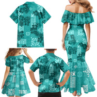 Vintage Hawaii Family Matching Mermaid Dress and Hawaiian Shirt Hibiscus Mix Hawaiian Quilt Patches - Teal LT7 - Wonder Print Shop