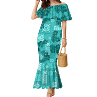 Vintage Hawaii Family Matching Mermaid Dress and Hawaiian Shirt Hibiscus Mix Hawaiian Quilt Patches - Teal LT7 - Wonder Print Shop
