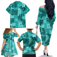 Vintage Hawaii Family Matching Off Shoulder Long Sleeve Dress and Hawaiian Shirt Hibiscus Mix Hawaiian Quilt Patches - Teal - Wonder Print Shop