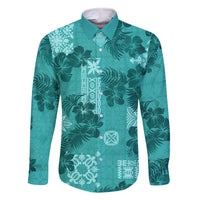 Vintage Hawaii Family Matching Off Shoulder Long Sleeve Dress and Hawaiian Shirt Hibiscus Mix Hawaiian Quilt Patches - Teal - Wonder Print Shop