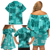 Vintage Hawaii Family Matching Off Shoulder Short Dress and Hawaiian Shirt Hibiscus Mix Hawaiian Quilt Patches - Teal LT7 - Wonder Print Shop