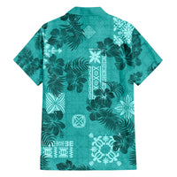 Vintage Hawaii Family Matching Off Shoulder Short Dress and Hawaiian Shirt Hibiscus Mix Hawaiian Quilt Patches - Teal LT7 - Wonder Print Shop