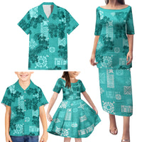 Vintage Hawaii Family Matching Puletasi Dress and Hawaiian Shirt Hibiscus Mix Hawaiian Quilt Patches - Teal - Wonder Print Shop