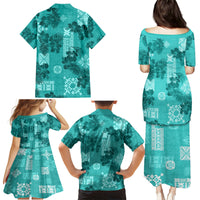 Vintage Hawaii Family Matching Puletasi Dress and Hawaiian Shirt Hibiscus Mix Hawaiian Quilt Patches - Teal - Wonder Print Shop