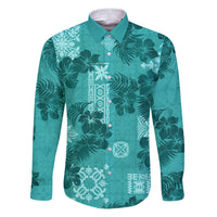 Vintage Hawaii Family Matching Puletasi Dress and Hawaiian Shirt Hibiscus Mix Hawaiian Quilt Patches - Teal - Wonder Print Shop