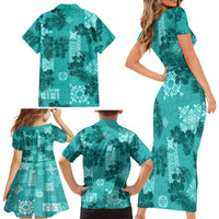 Vintage Hawaii Family Matching Short Sleeve Bodycon Dress and Hawaiian Shirt Hibiscus Mix Hawaiian Quilt Patches - Teal - Wonder Print Shop