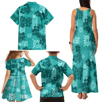 Vintage Hawaii Family Matching Tank Maxi Dress and Hawaiian Shirt Hibiscus Mix Hawaiian Quilt Patches - Teal - Wonder Print Shop