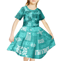Vintage Hawaii Kid Short Sleeve Dress Hibiscus Mix Hawaiian Quilt Patches - Teal - Wonder Print Shop